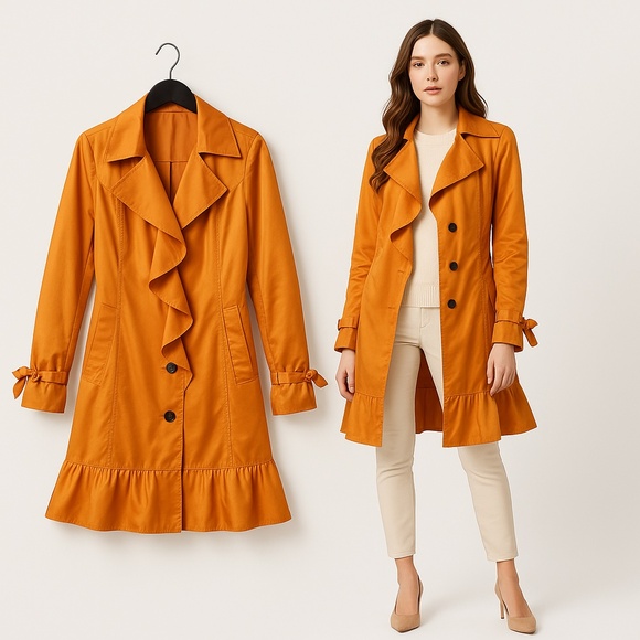 NWOT COLE HAAN Tangerine Orange Ruffle Flirty Trench Rain Coat Retro Designer M - Picture 1 of 16